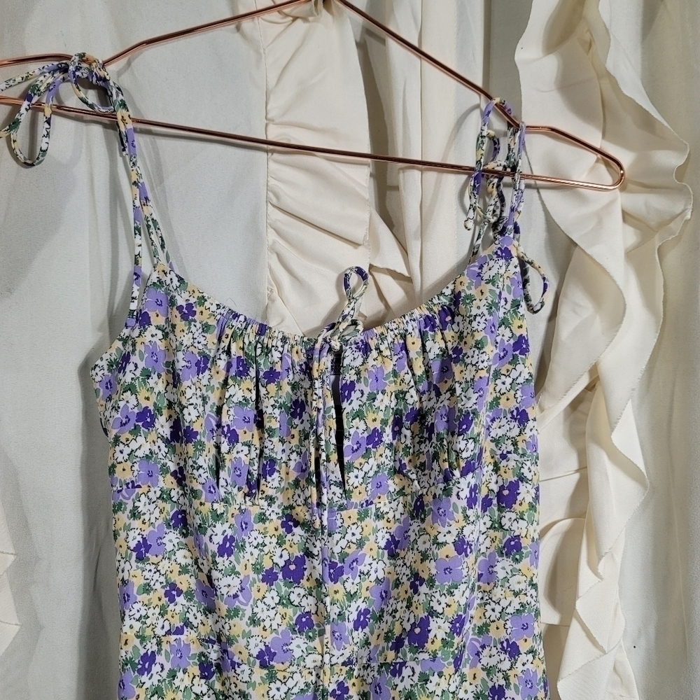 Whyte Valentyne Ditsy Floral Midi Dress Smocked Adjustable Straps Purple Yellow - Picture 2 of 9
